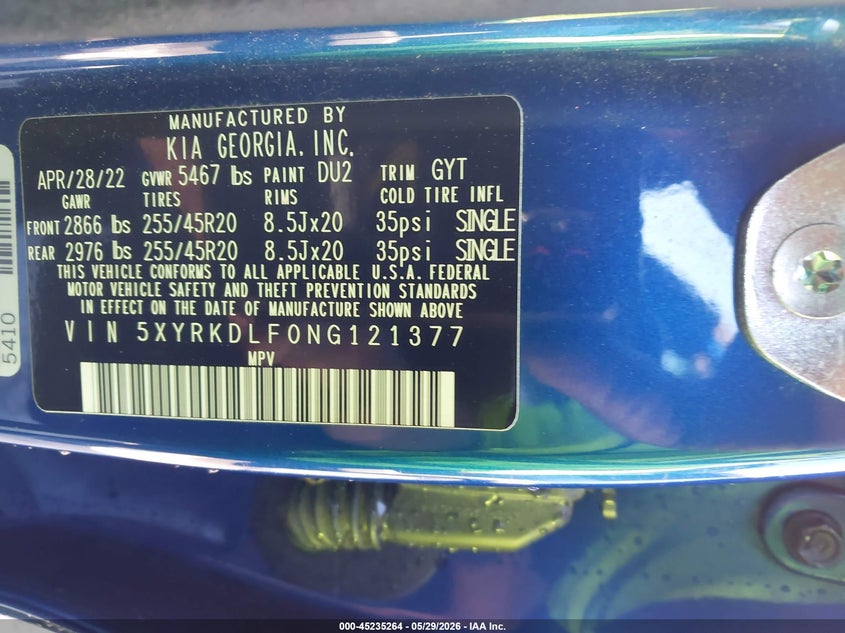 2022 Kia Sorento Sx VIN: 5XYRKDLF0NG121377 Lot: 45235264