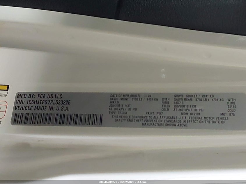 2023 Jeep Gladiator Overland 4X4 VIN: 1C6HJTFG7PL533226 Lot: 45235279