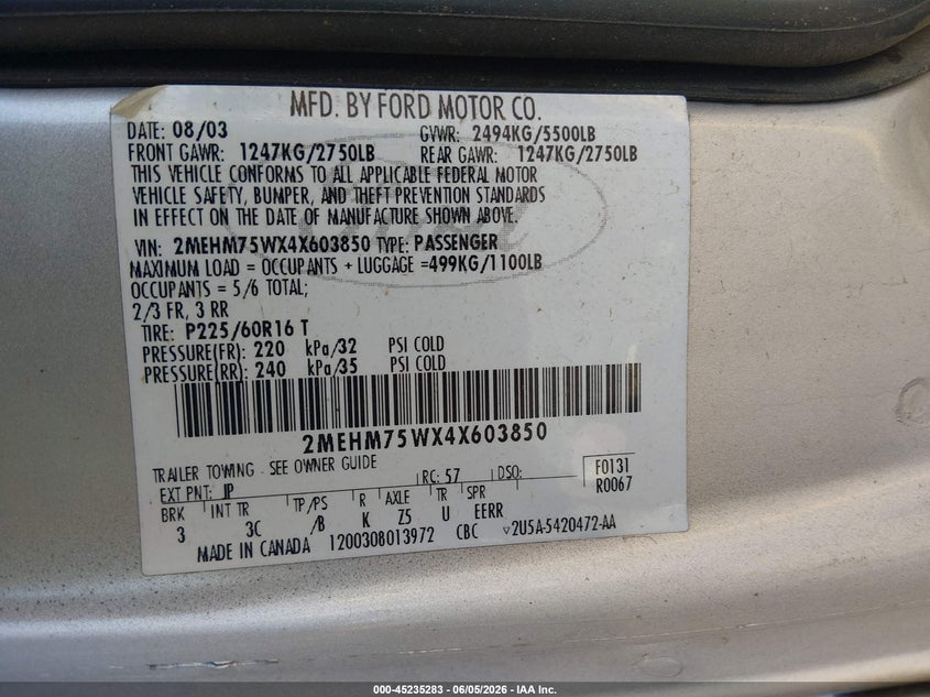 2004 Mercury Grand Marquis Ls VIN: 2MEHM75WX4X603850 Lot: 45235283