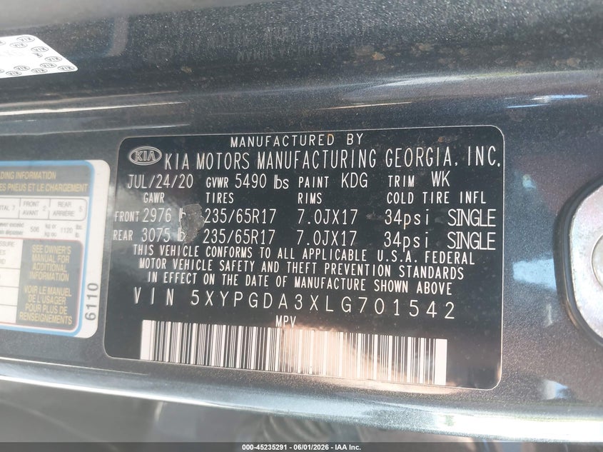 KIA SORENTO 2020 VIN 5XYPGDA3XLG701542