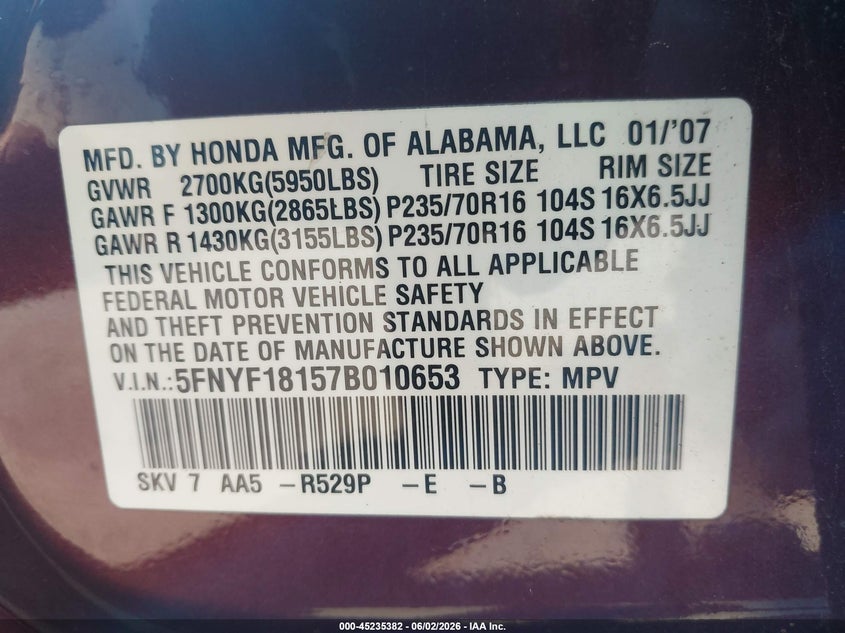 2007 Honda Pilot Lx VIN: 5FNYF18157B010653 Lot: 45235382