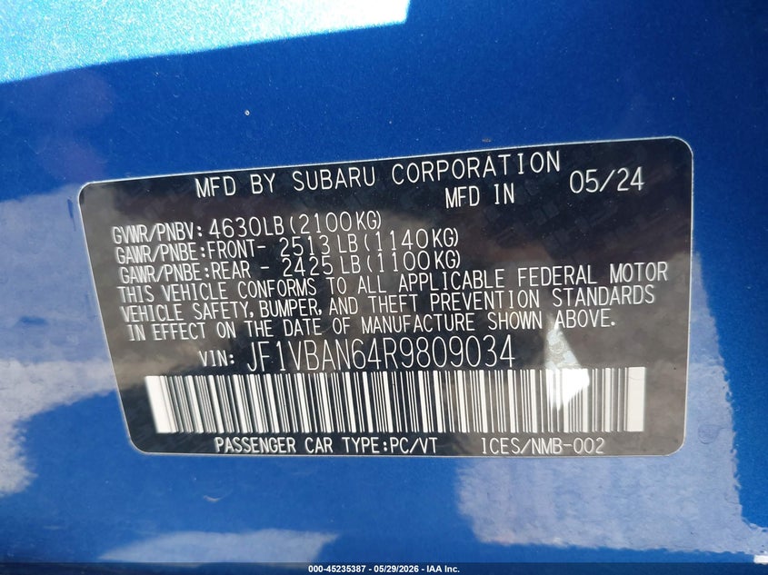 2024 Subaru Wrx Limited VIN: JF1VBAN64R9809034 Lot: 45235387