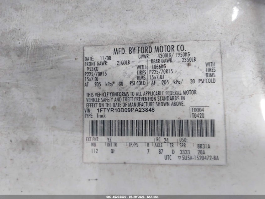 2009 Ford Ranger Sport/Xl/Xlt VIN: 1FTYR10D09PA23848 Lot: 45235409