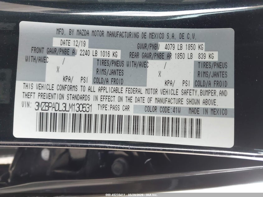 2020 Mazda Mazda3 Preferred Package VIN: 3MZBPADL3LM130531 Lot: 45235411