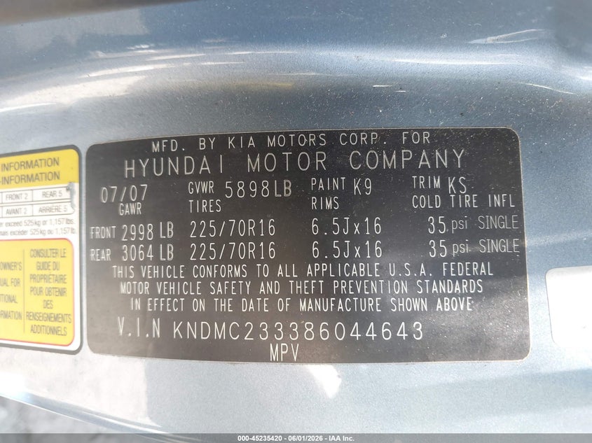 2008 Hyundai Entourage Gls/Limited VIN: KNDMC233386044643 Lot: 45235420