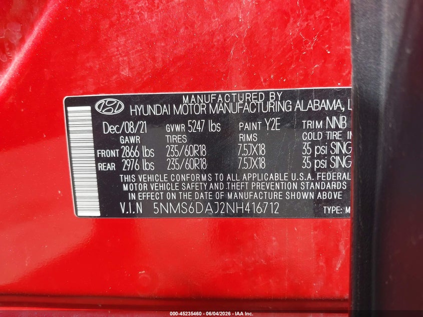 2022 Hyundai Santa Fe Sel VIN: 5NMS6DAJ2NH416712 Lot: 45235460
