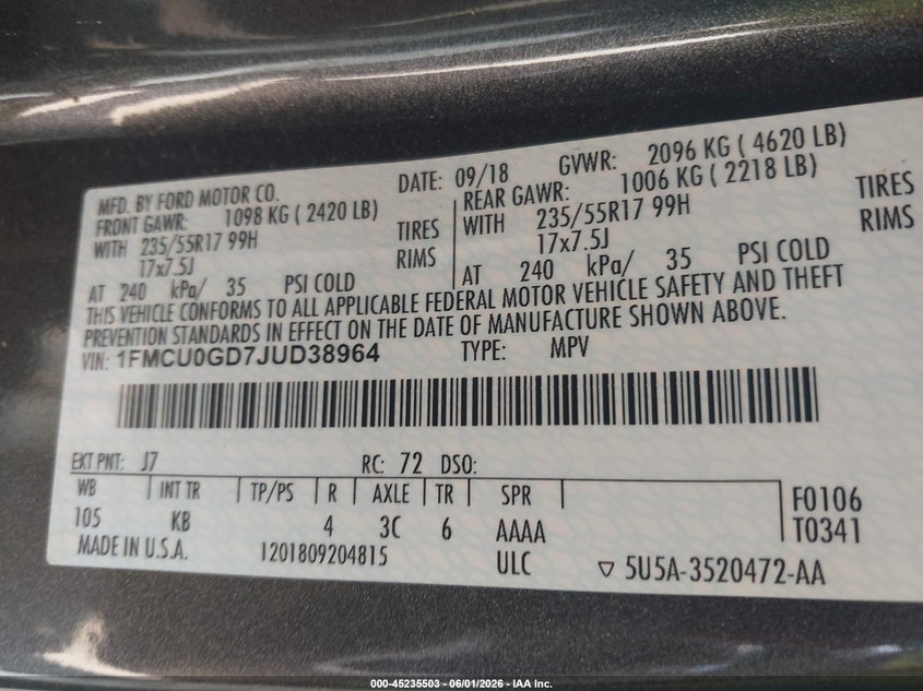 VIN 1FMCU0GD7JUD38964 2018 FORD ESCAPE SE