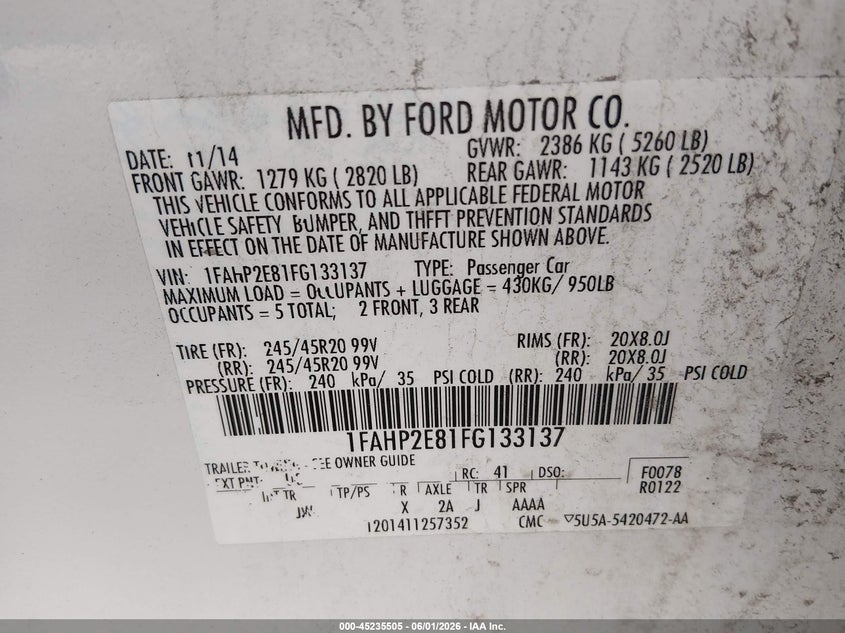 2015 Ford Taurus Sel VIN: 1FAHP2E81FG133137 Lot: 45235505