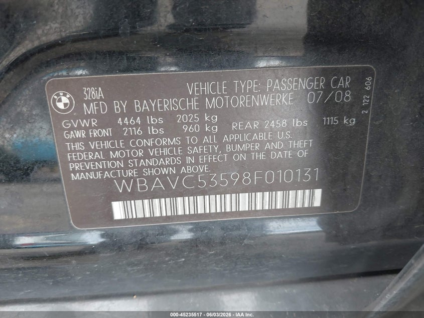 2008 BMW 328I VIN: WBAVC53598F010131 Lot: 45235517