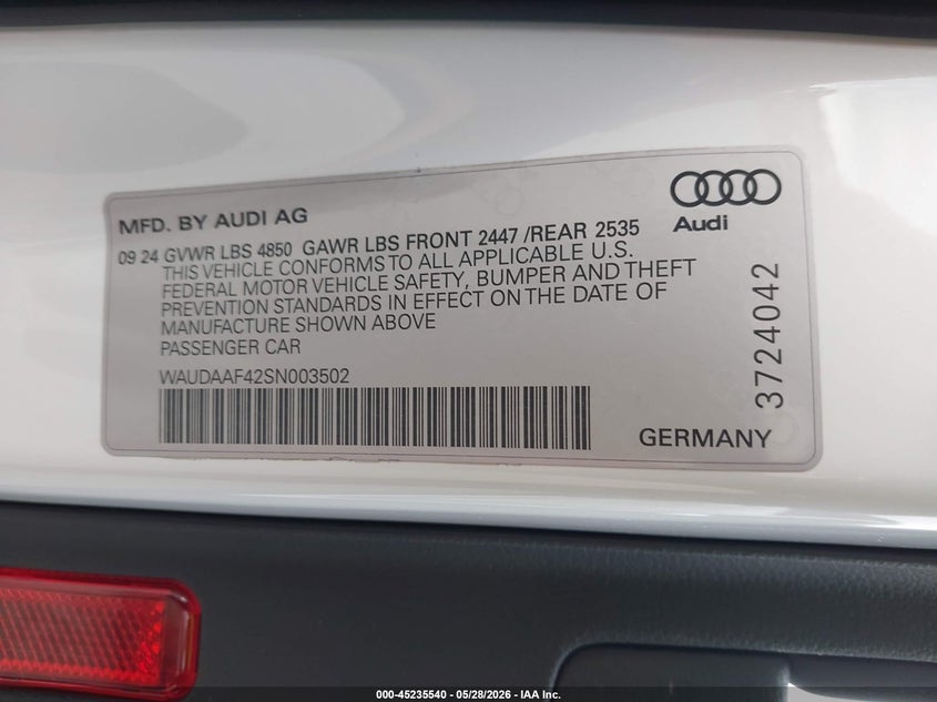 2025 Audi A4 Premium 45 Tfsi S Line Quattro S Tronic VIN: WAUDAAF42SN003502 Lot: 45235540