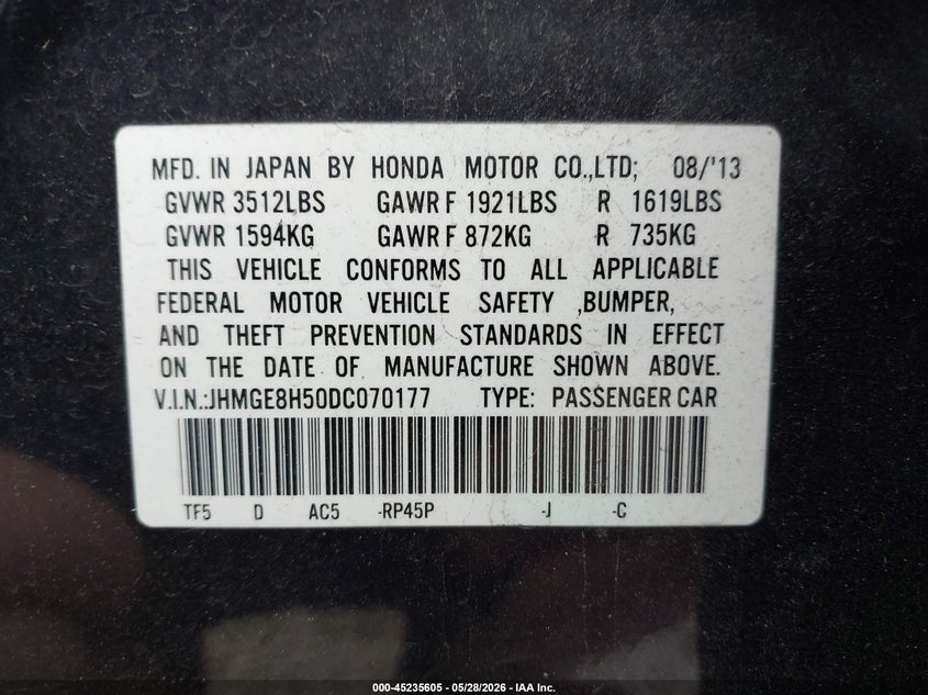 2013 Honda Fit Sport VIN: JHMGE8H50DC070177 Lot: 45235605