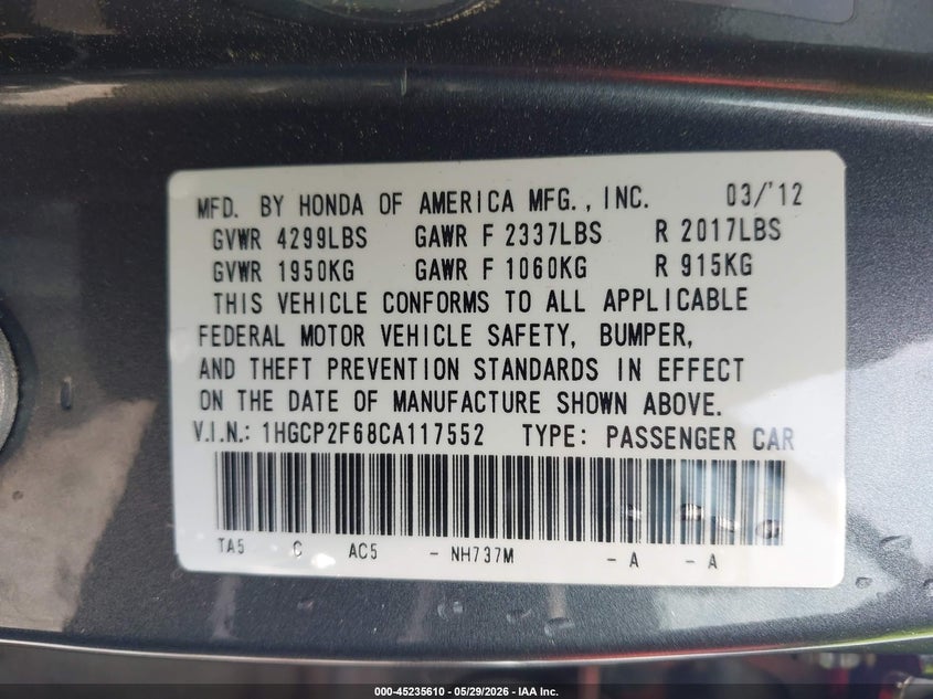 2012 Honda Accord 2.4 2.4 Se grey Lot 111045235610 Vin 1HGCP2F68CA117552
