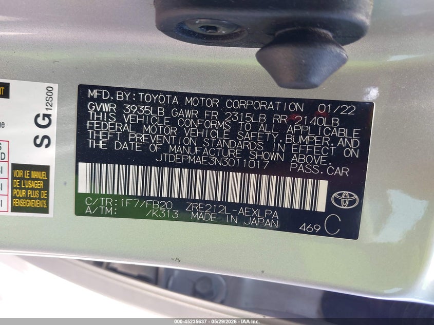VIN JTDEPMAE3N3011017 2022 TOYOTA COROLLA LE