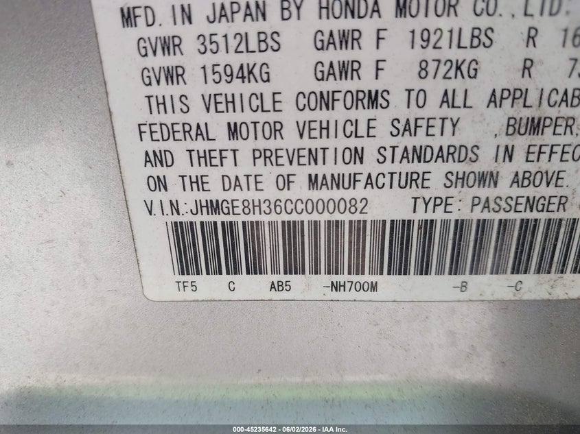 2012 Honda Fit VIN: JHMGE8H36CC000082 Lot: 45235642