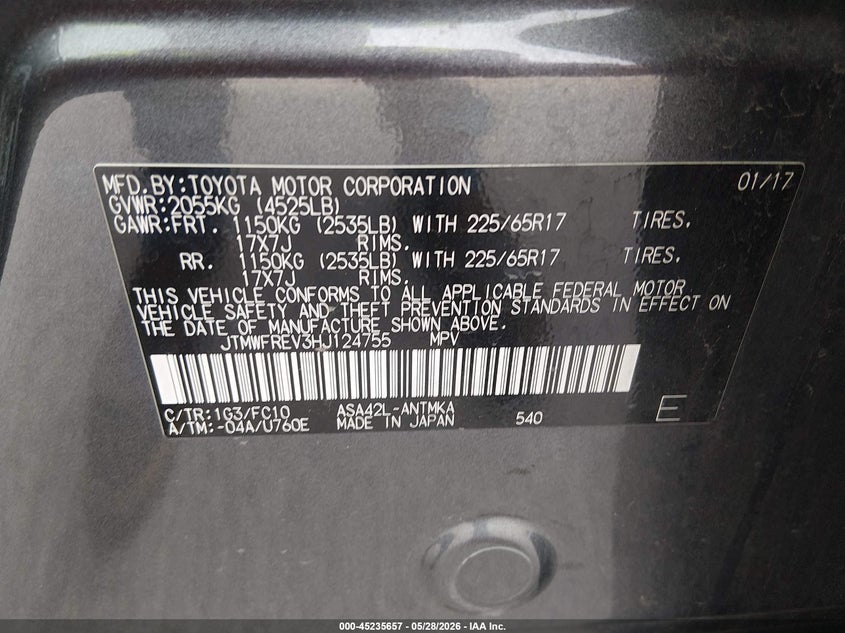 VIN JTMWFREV3HJ124755 2017 TOYOTA RAV4 XLE