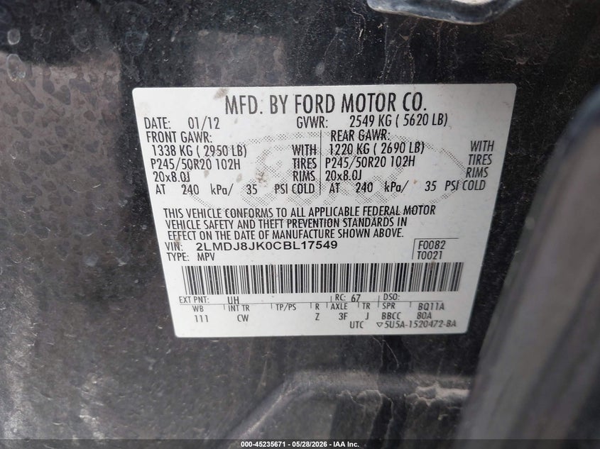 2012 Lincoln Mkx 3.7 black Lot 111045235671 Vin 2LMDJ8JK0CBL17549