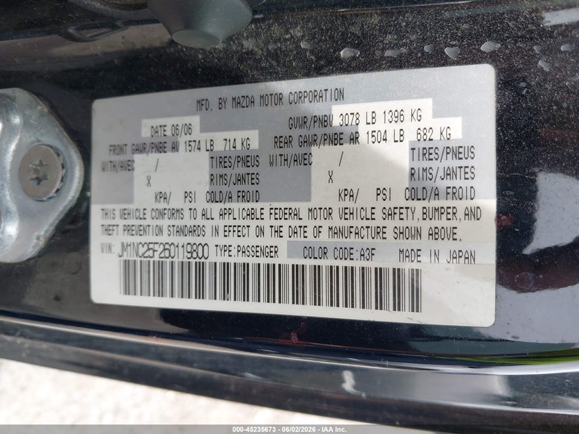 2006 Mazda Mx-5 Touring VIN: JM1NC25F260119800 Lot: 45235673