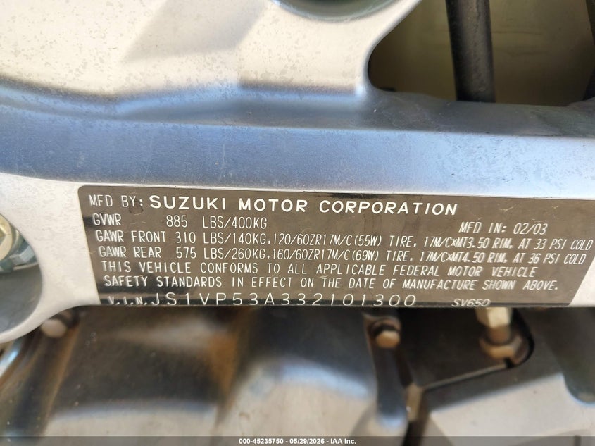 2003 Suzuki Sv650 VIN: JS1VP53A332101300 Lot: 45235750