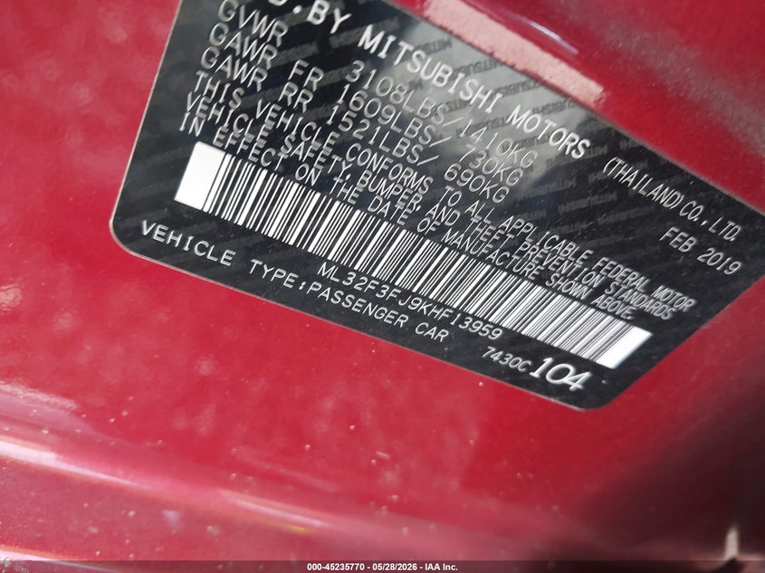 2019 Mitsubishi Mirage G4 Rf VIN: ML32F3FJ9KHF13959 Lot: 45235770