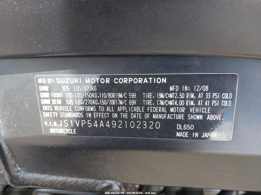 2009 Suzuki Dl650 VIN: JS1VP54A492102320 Lot: 45235798