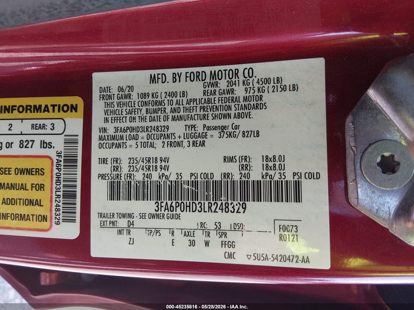 2020 FORD FUSION SEDAN 1.5L I-4 DI, DOHC, VVT, TURBO, 181HP
