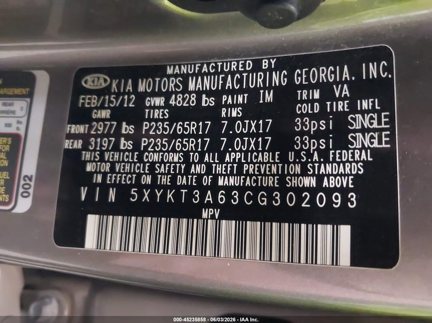 2012 Kia Sorento Lx VIN: 5XYKT3A63CG302093 Lot: 45235858
