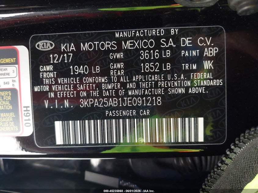 2018 Kia Rio S VIN: 3KPA25AB1JE091218 Lot: 45235868
