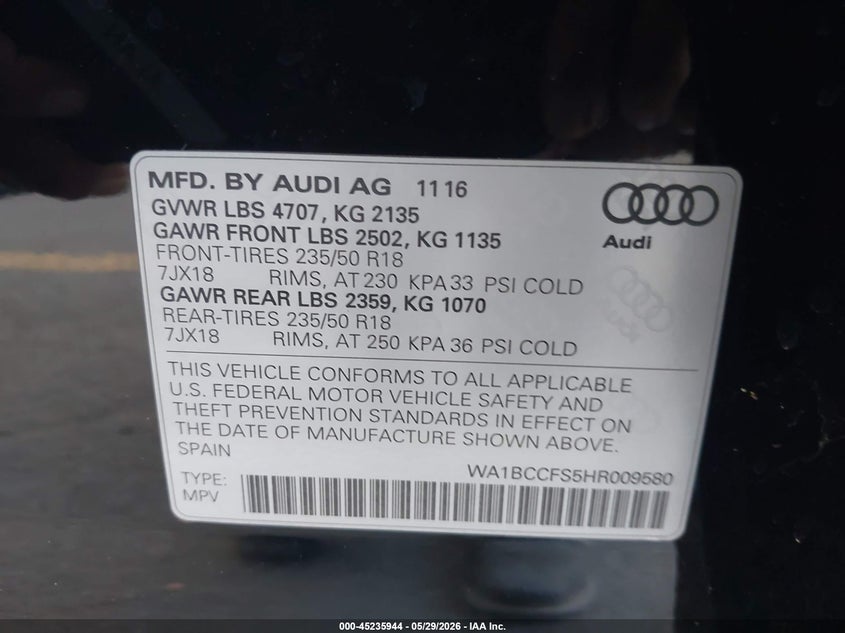 2017 Audi Q3 2.0T Premium VIN: WA1BCCFS5HR009580 Lot: 45235944