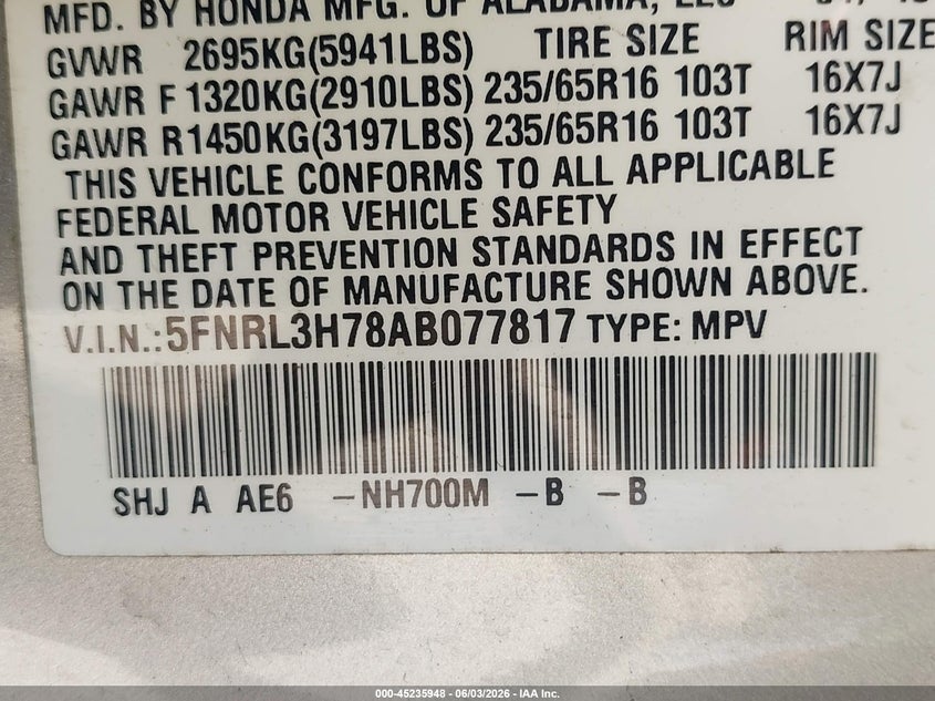 2010 Honda Odyssey Ex-L VIN: 5FNRL3H78AB077817 Lot: 45235948