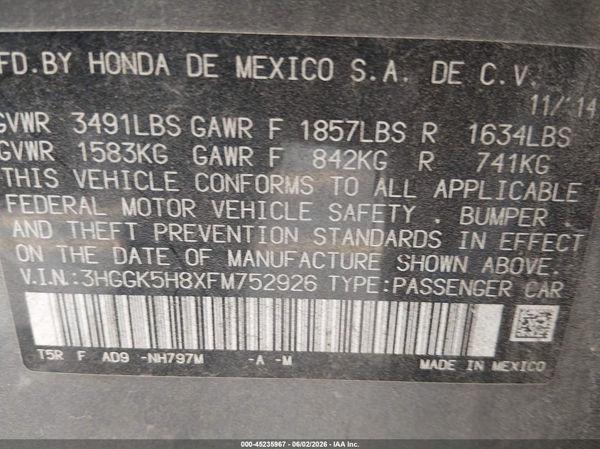 2015 Honda Fit Ex/Ex-L VIN: 3HGGK5H8XFM752926 Lot: 45235967