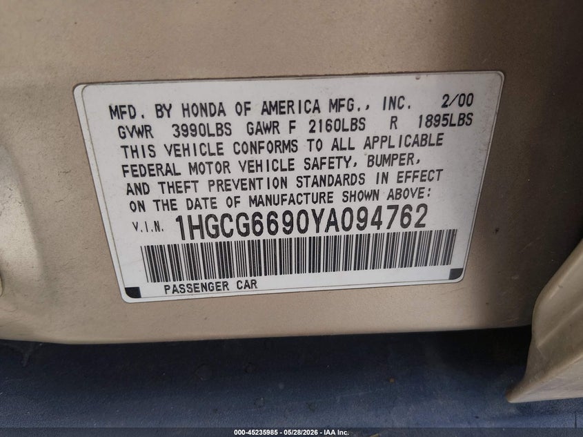 2000 Honda Accord 2.3 Se VIN: 1HGCG6690YA094762 Lot: 45235985