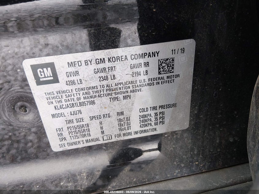 2020 Buick Encore Fwd Preferred VIN: KL4CJASB1LB057986 Lot: 45236003