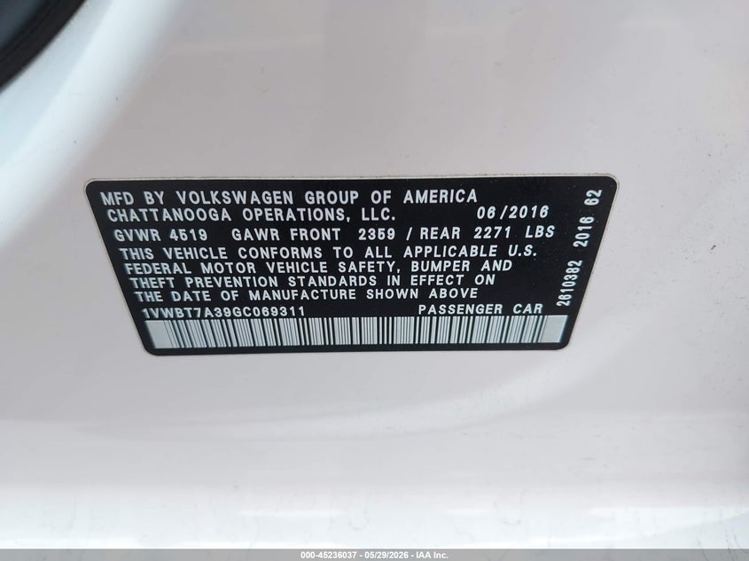 2016 Volkswagen Passat 1.8T Se VIN: 1VWBT7A39GC069311 Lot: 45236037