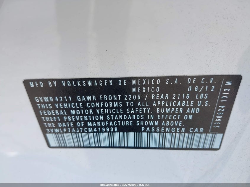 2012 Volkswagen Jetta 2.5 2.5L Sel Premium white Lot 111045236040 Vin 3VWLP7AJ7CM419938
