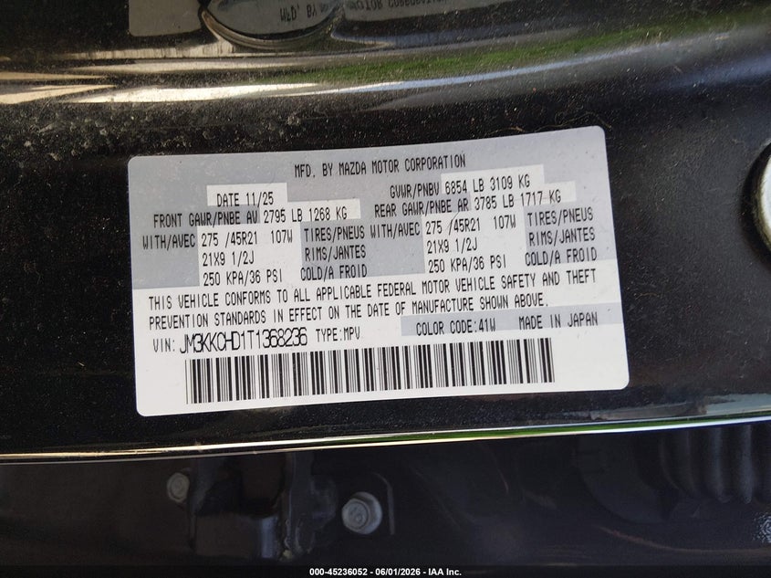 2026 Mazda Cx-90 3.3 Turbo Premium Sport VIN: JM3KKCHD1T1368236 Lot: 45236052