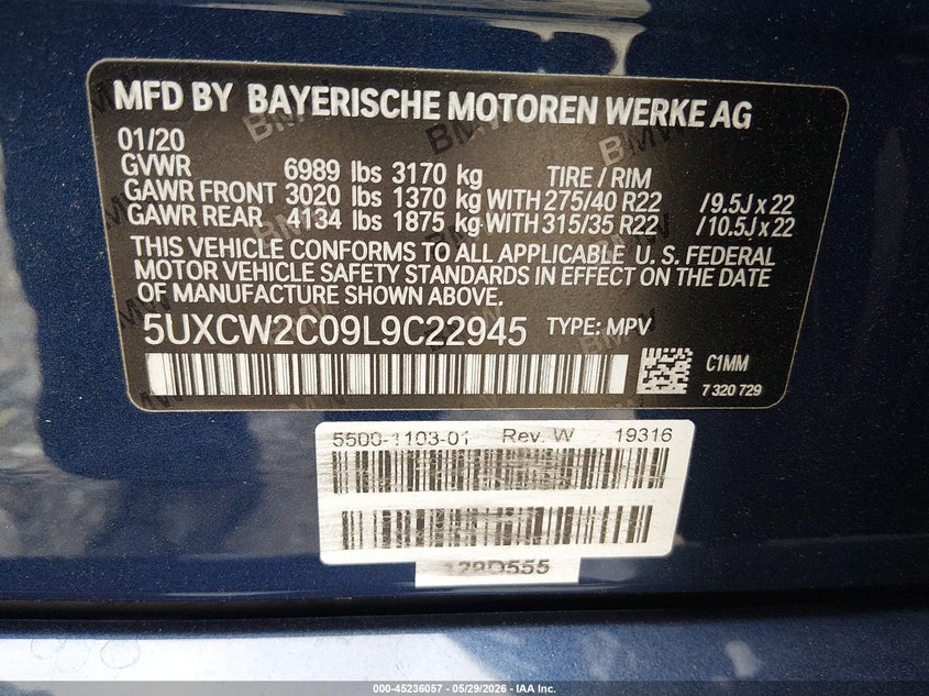 2020 BMW X7 xDrive40I VIN: 5UXCW2C09L9C22945 Lot: 45236057