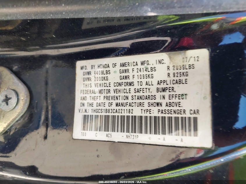 2012 Honda Accord 2.4 2.4 Ex-L black Lot 111045236093 Vin 1HGCS1B83CA021182