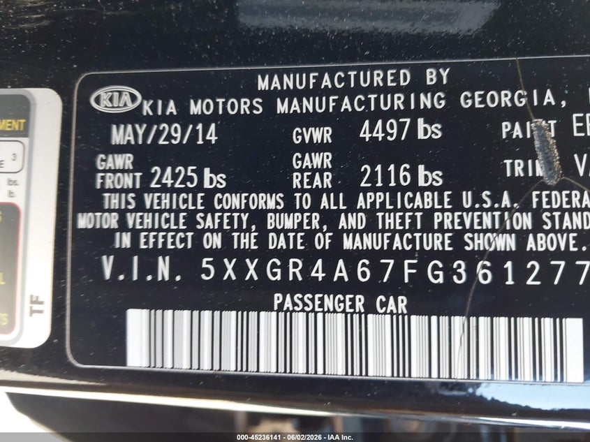 2015 Kia Optima Sx Turbo VIN: 5XXGR4A67FG361277 Lot: 45236141