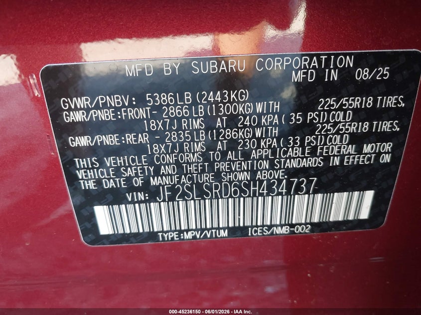 VIN: JF2SLSRD6SH434737 2025 SUBARU FORESTER LIMITED HYBRID