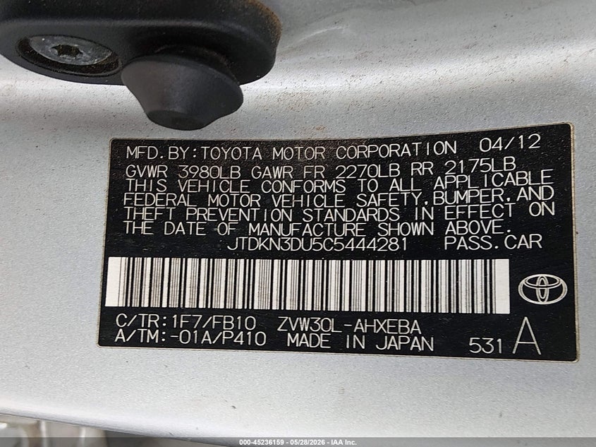 2012 Toyota Prius 1.8 Two Silver Lot 111045236159 Vin JTDKN3DU5C5444281