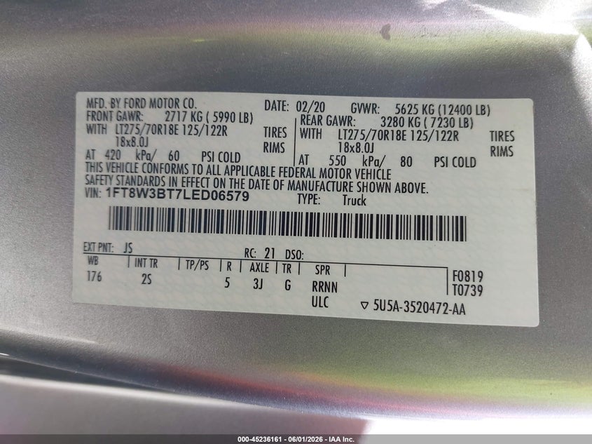 2020 Ford F-350 Xlt VIN: 1FT8W3BT7LED06579 Lot: 45236161