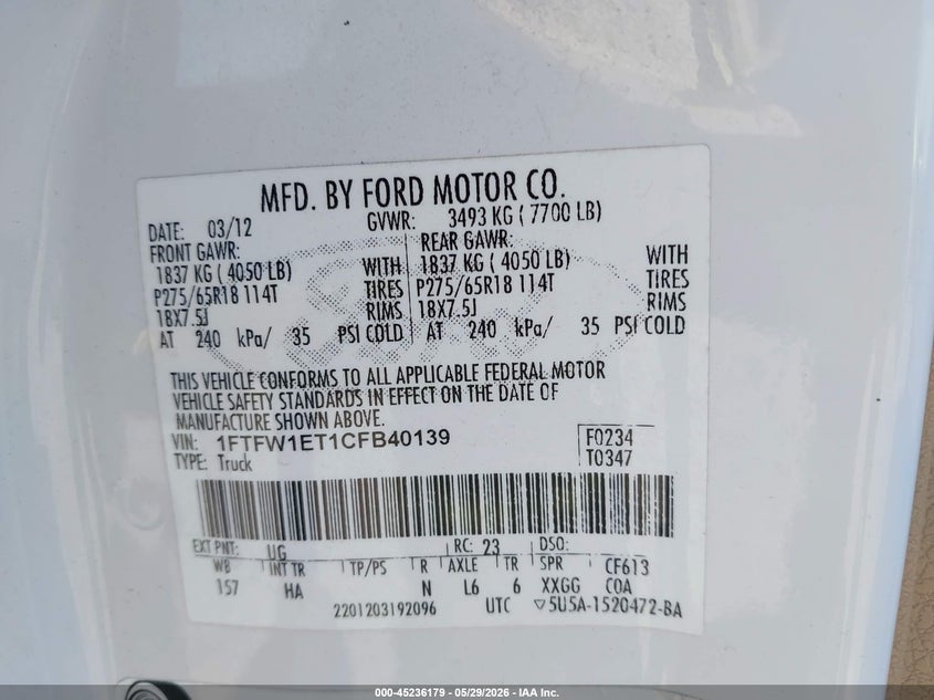 2012 Ford F-150 3.5 Lariat white Lot 111045236179 Vin 1FTFW1ET1CFB40139