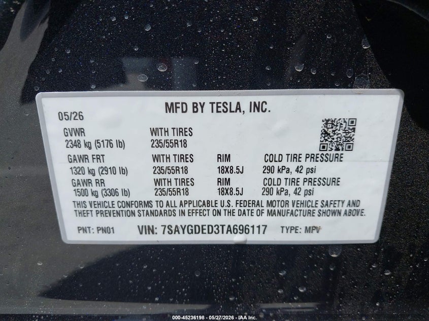TESLA MODEL Y 2026 VIN 7SAYGDED3TA696117