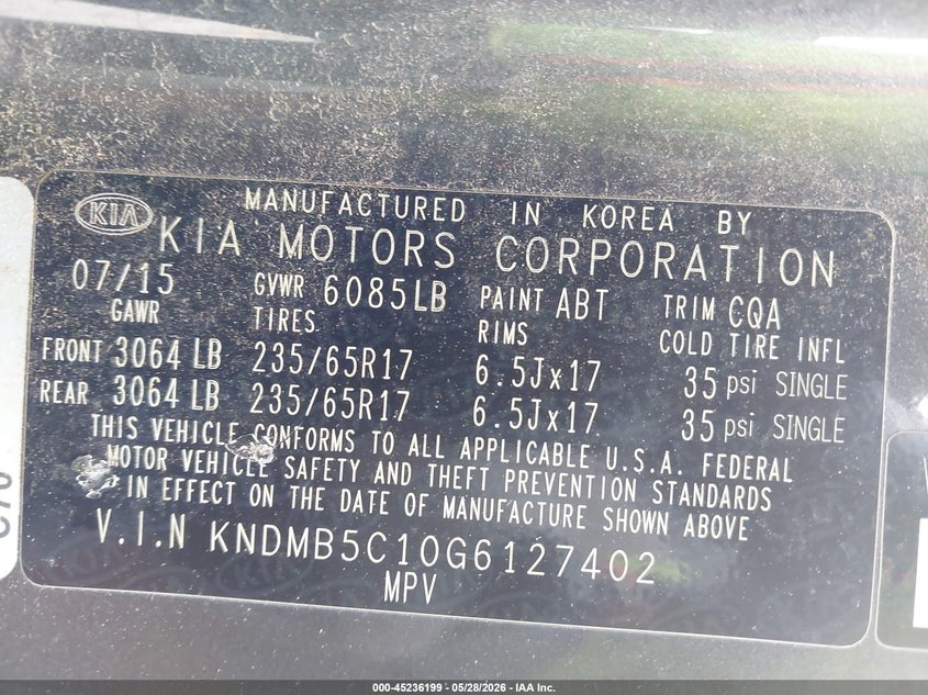 2016 Kia Sedona Lx VIN: KNDMB5C10G6127402 Lot: 45236199