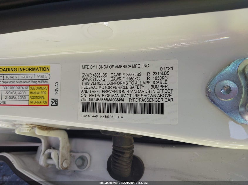 2021 Acura Tlx Standard VIN: 19UUB5F36MA008454 Lot: 45236238
