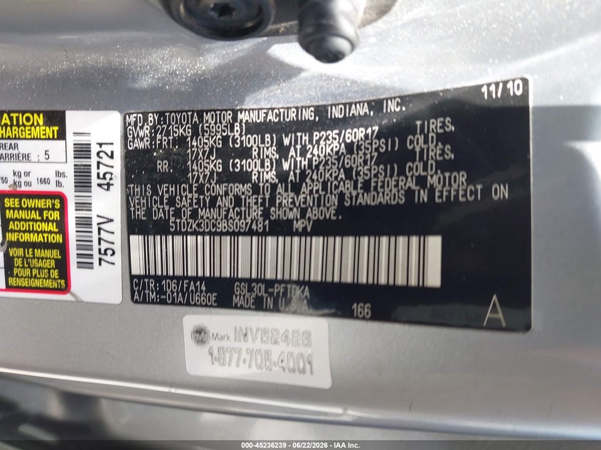 2011 TOYOTA SIENNA VAN 3.5L V-6 DOHC, VVT, 265HP