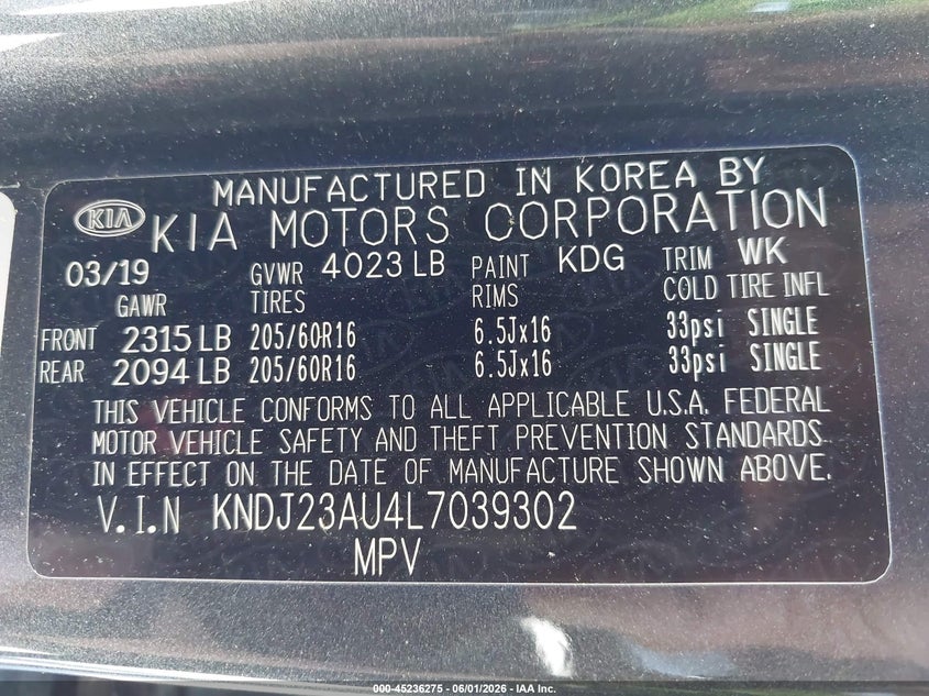 2020 Kia Soul S VIN: KNDJ23AU4L7039302 Lot: 45236275