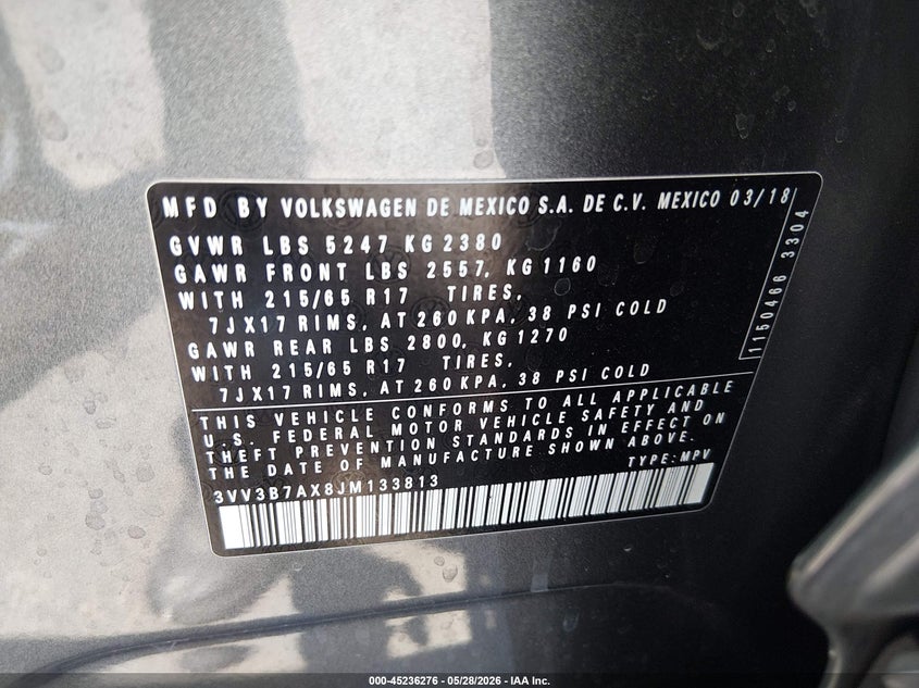 VOLKSWAGEN TIGUAN 2018 VIN 3VV3B7AX8JM133813