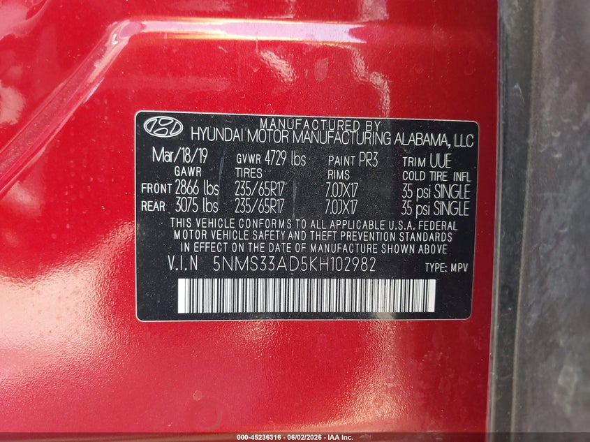 VIN 5NMS33AD5KH102982 2019 HYUNDAI SANTA FE SEL
