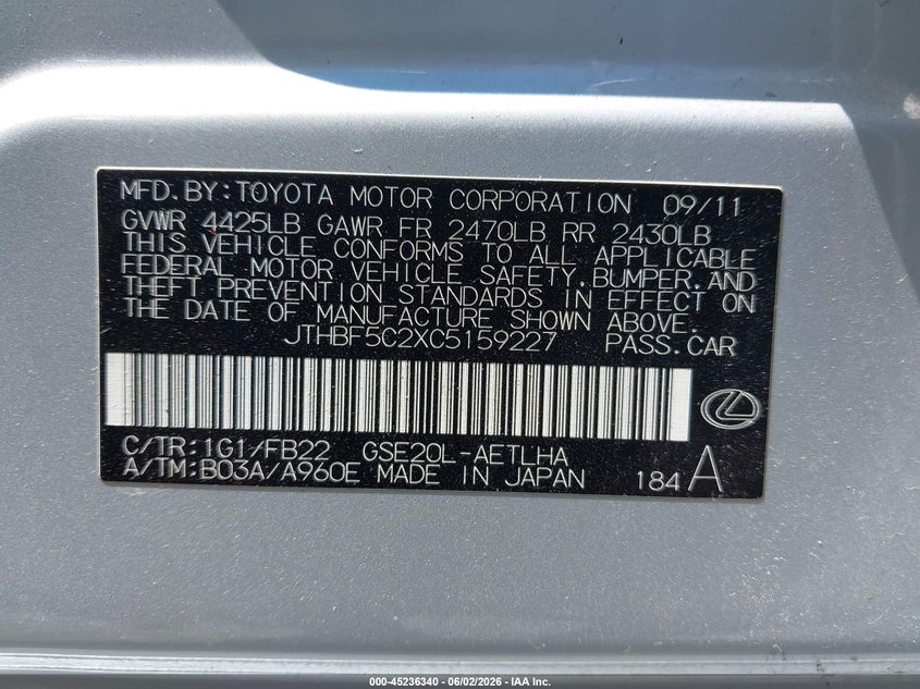 2012 Lexus Is 2.5 Is 250 silver Lot 111045236340 Vin JTHBF5C2XC5159227